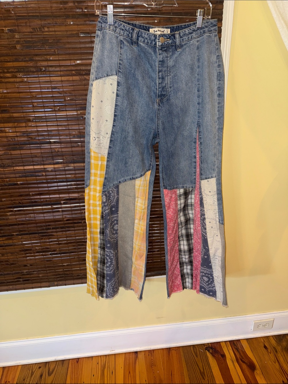 Three Bird Nest Blue Denim Flare Jeans with Yellow, Red & Black Patchwork